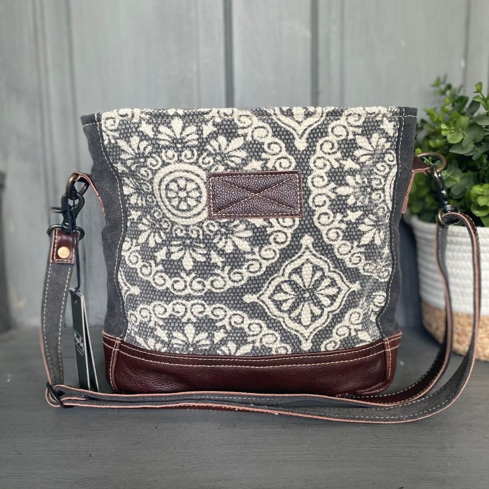 Myra Upcycled Leather and Canvas Shoulder Bag